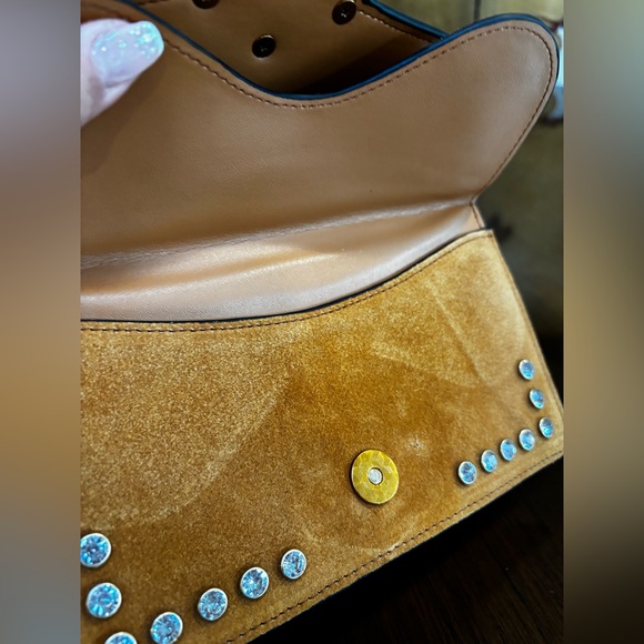 *SOLD** Yellow Suede Bag with Pink Crystal bug Embellishment - Picture 9 of 12